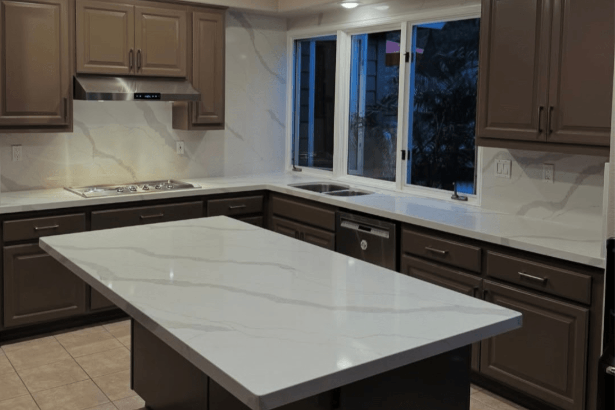 Quartz kitchen countertops with full high backsplash